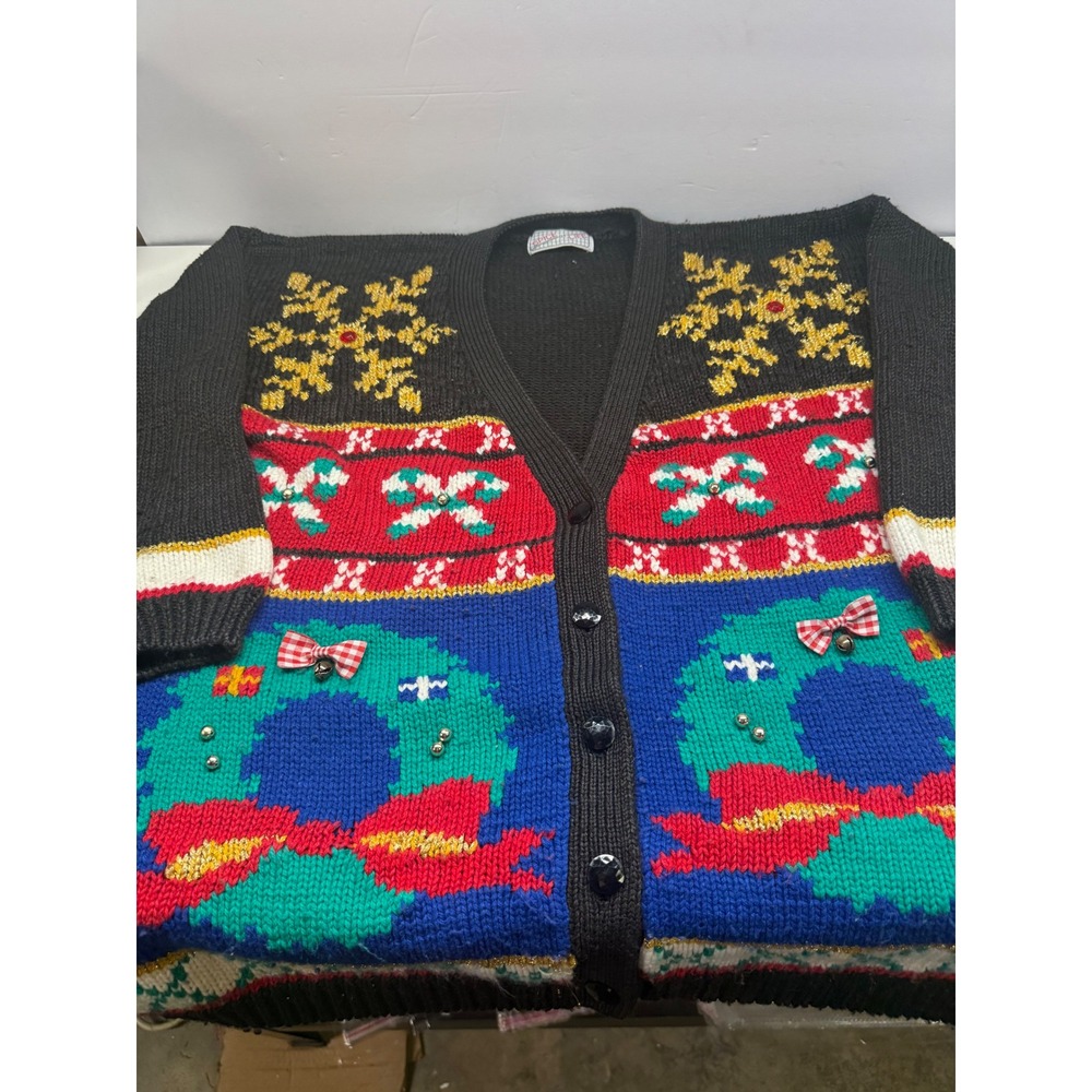 Spice of Life Vintage Ugly Christmas Sweater Cardigan Wreaths Bells Black Large